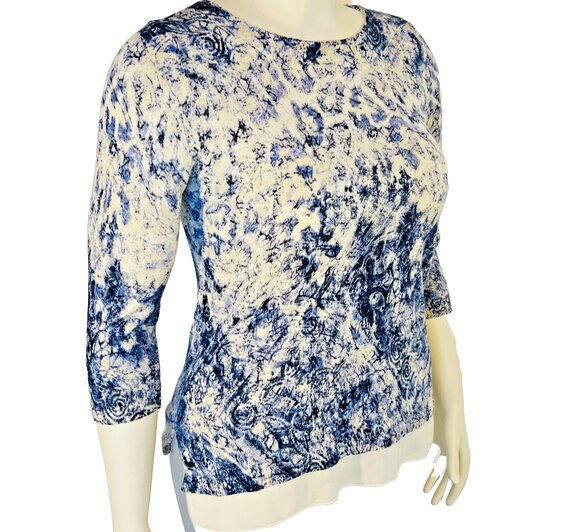 Chico's Sweater Tunic Womens S Blue Cream Abstract Roccoco Animal Print 3/4 Slve - Picture 2 of 12